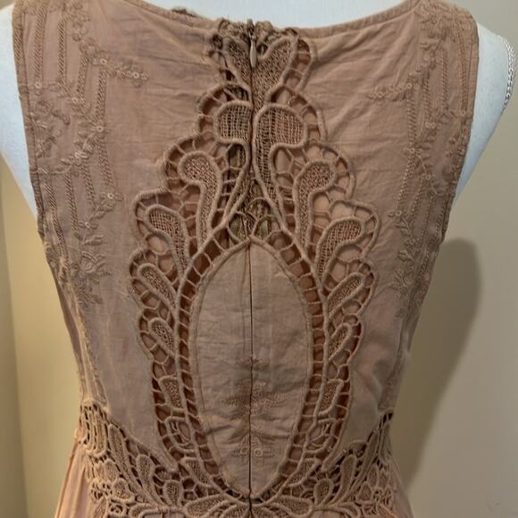 Anthropologie embroidered tan sleeveless dress Sz M Medium Romantic Lined Boho - Picture 7 of 16